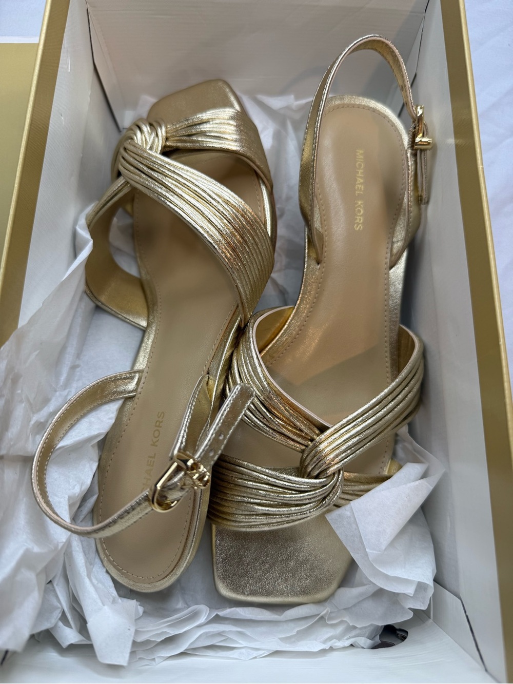 Michael Kors Gold Alessia Knot-Strap Slingback Kitten Sandals Size 7